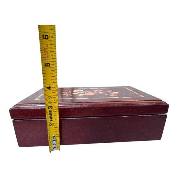 Exquisite Mahogany Wooden Jewelry Box Floral Marquetry Inlay & Mirror Interior - Picture 7 of 11